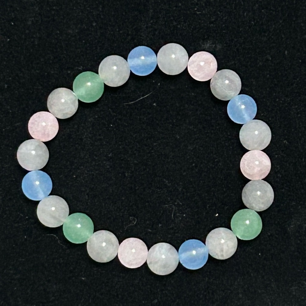 handmade bracelet. Gray and rose quartz, green aventurine, icy blue jade